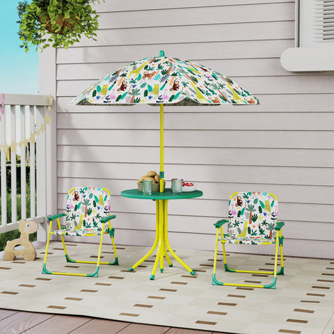 Conjunto Infantil de Mesa e Cadeiras de Jardim de 4 Peças Mesa com Cadeiras Dobráveis Chapéu de Sol Desmontável Design de Selva para Jardim Piquenique Verde