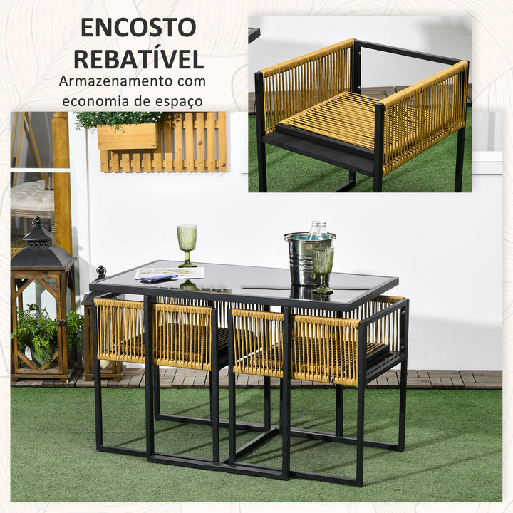 Conjunto de Mesa e Cadeiras de Jardim Conjunto de 3 Peças com 2 Cadeiras com Encosto Dobrável e Almofadas e Mesa de Vidro para Terraço Pátio Natural e Preto