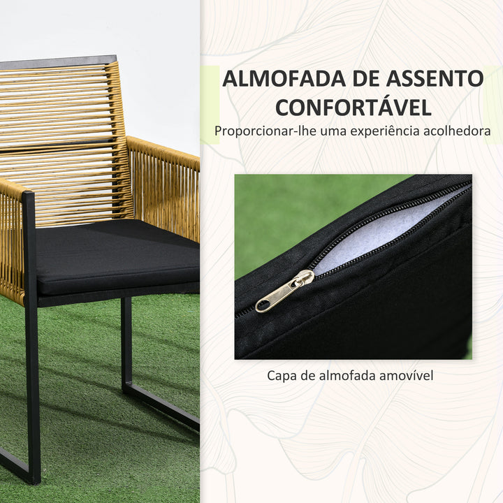 Conjunto de Mesa e Cadeiras de Jardim Conjunto de 3 Peças com 2 Cadeiras com Encosto Dobrável e Almofadas e Mesa de Vidro para Terraço Pátio Natural e Preto