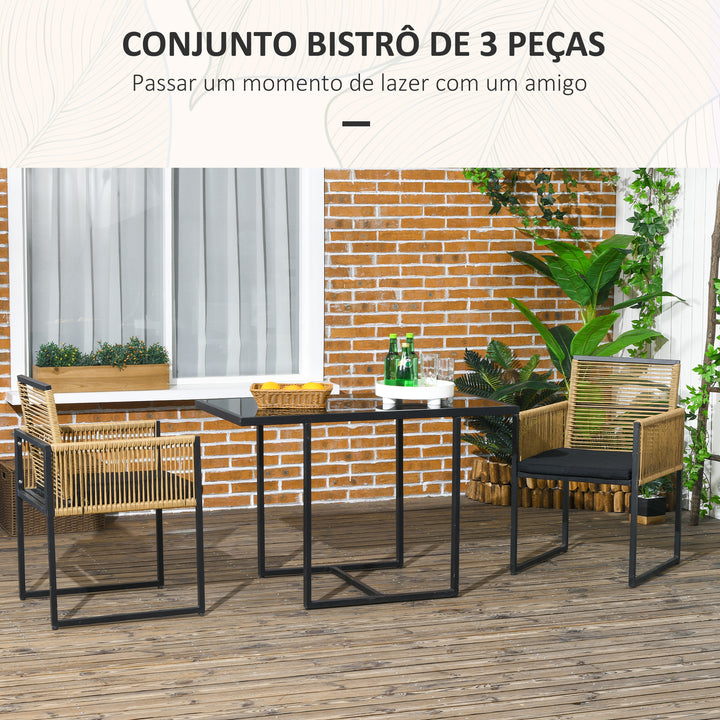 Conjunto de Mesa e Cadeiras de Jardim Conjunto de 3 Peças com 2 Cadeiras com Encosto Dobrável e Almofadas e Mesa de Vidro para Terraço Pátio Natural e Preto