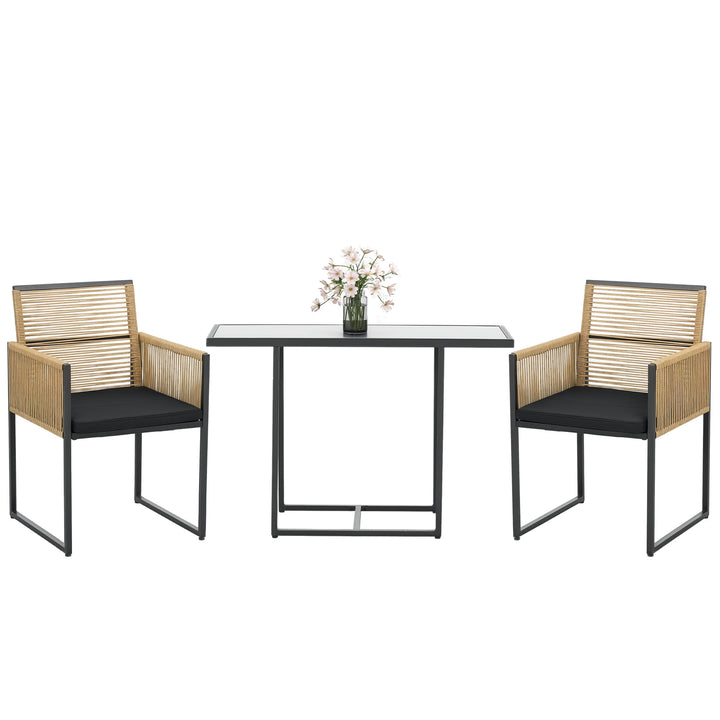 Conjunto de Mesa e Cadeiras de Jardim Conjunto de 3 Peças com 2 Cadeiras com Encosto Dobrável e Almofadas e Mesa de Vidro para Terraço Pátio Natural e Preto