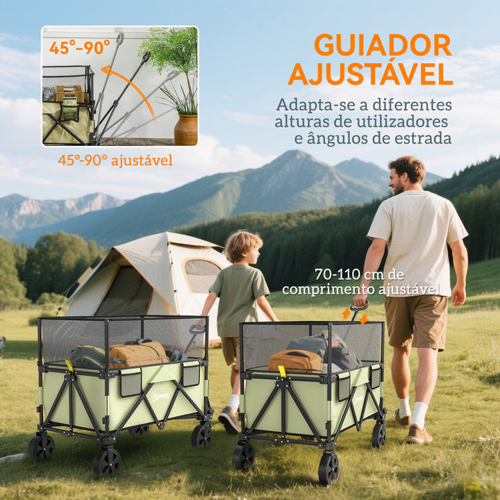 Carrinho de Transporte Dobrável 180 L Carrinho de Jardim com Comprimento e Ângulo do Guiador Ajustáveis e Paredes Laterais Extensíveis Carga 120 kg para Pátio Praia Cáqui