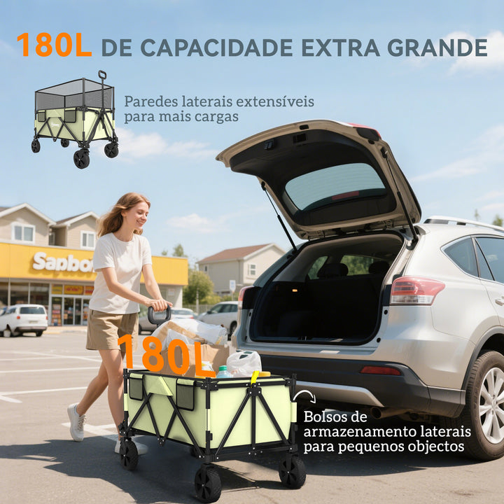 Carrinho de Transporte Dobrável 180 L Carrinho de Jardim com Comprimento e Ângulo do Guiador Ajustáveis e Paredes Laterais Extensíveis Carga 120 kg para Pátio Praia Cáqui