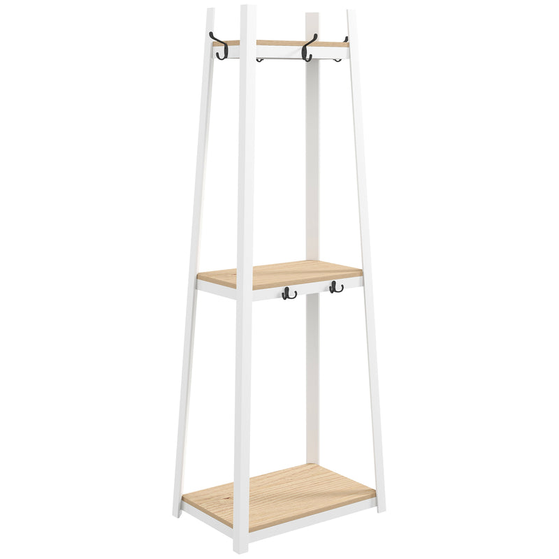 Suporte para Cabides de 3 Níveis Suporte para Cabides com 6 Ganchos e Prateleiras de Armazenamento para Entrada Corredor Quarto Sala 61x41x165 cm Natural