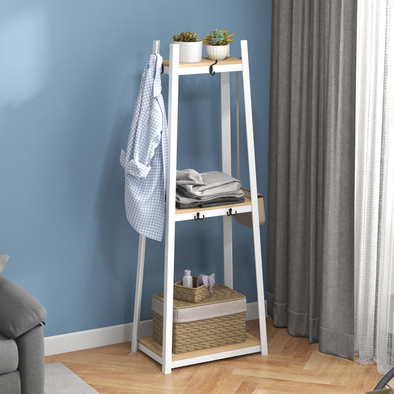 Suporte para Cabides de 3 Níveis Suporte para Cabides com 6 Ganchos e Prateleiras de Armazenamento para Entrada Corredor Quarto Sala 61x41x165 cm Natural