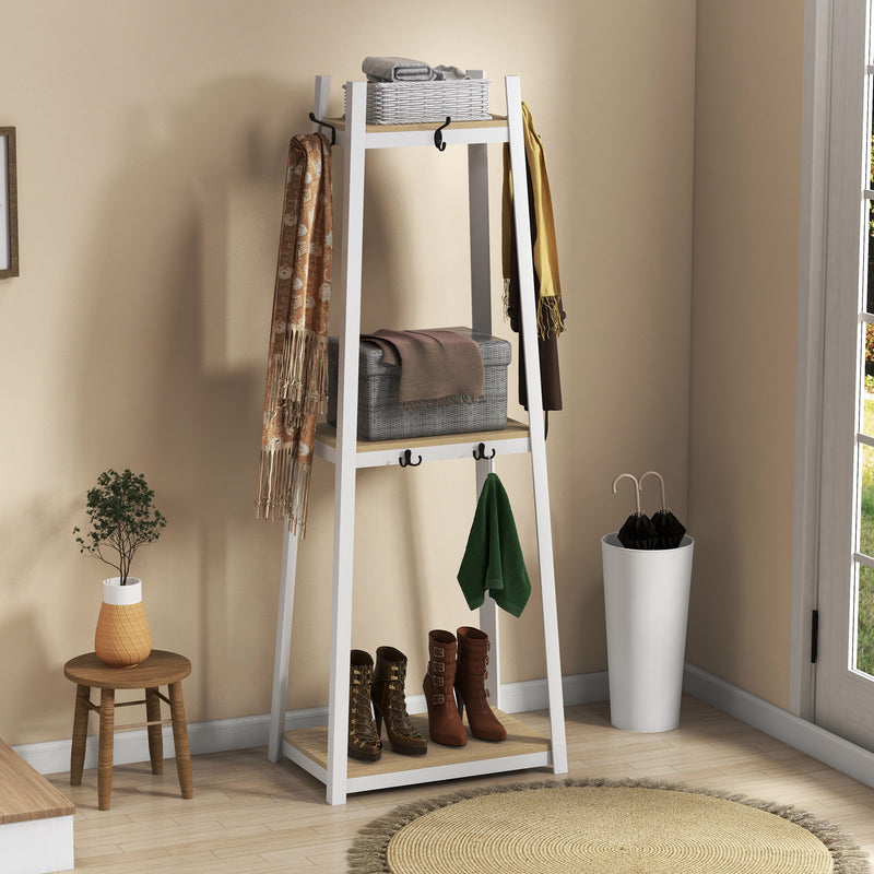 Suporte para Cabides de 3 Níveis Suporte para Cabides com 6 Ganchos e Prateleiras de Armazenamento para Entrada Corredor Quarto Sala 61x41x165 cm Natural