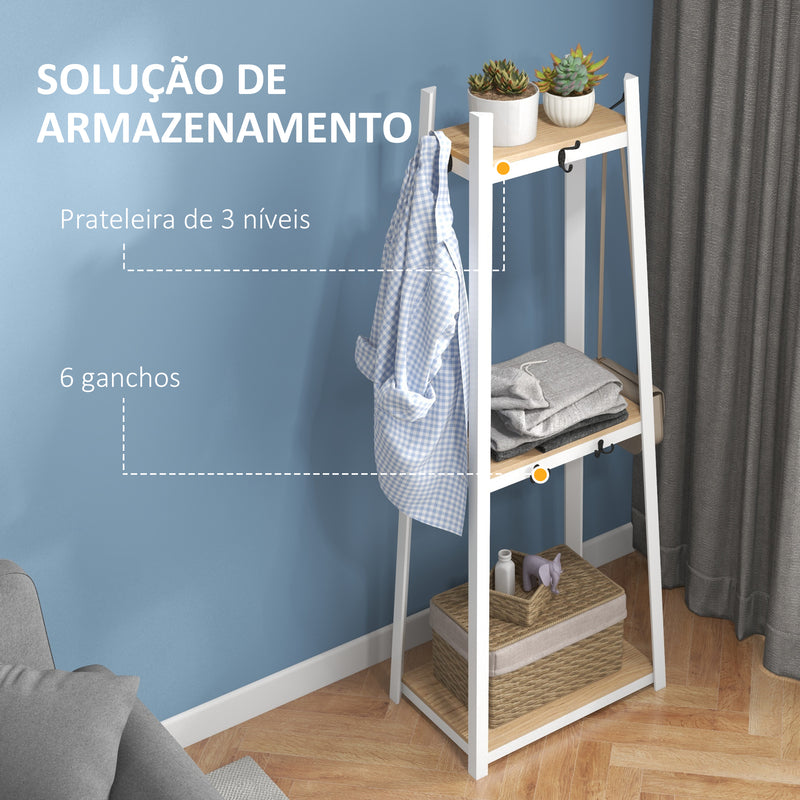 Suporte para Cabides de 3 Níveis Suporte para Cabides com 6 Ganchos e Prateleiras de Armazenamento para Entrada Corredor Quarto Sala 61x41x165 cm Natural