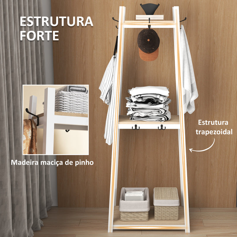 Suporte para Cabides de 3 Níveis Suporte para Cabides com 6 Ganchos e Prateleiras de Armazenamento para Entrada Corredor Quarto Sala 61x41x165 cm Natural