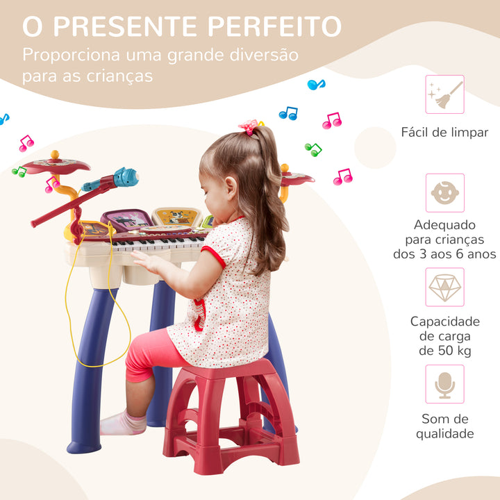 Piano Eletrónico para Crianças com 32 Teclas Piano Infantil 2 em 1 com Microfone Banco Luzes 19 Músicas Bateria e Volume Ajustável 74x32,2x71 cm Multicor