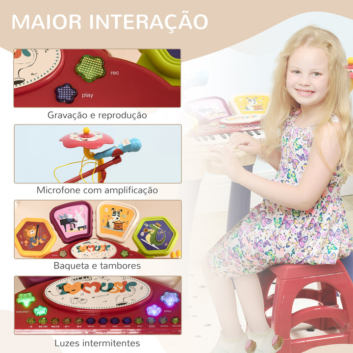 Piano Eletrónico para Crianças com 32 Teclas Piano Infantil 2 em 1 com Microfone Banco Luzes 19 Músicas Bateria e Volume Ajustável 74x32,2x71 cm Multicor