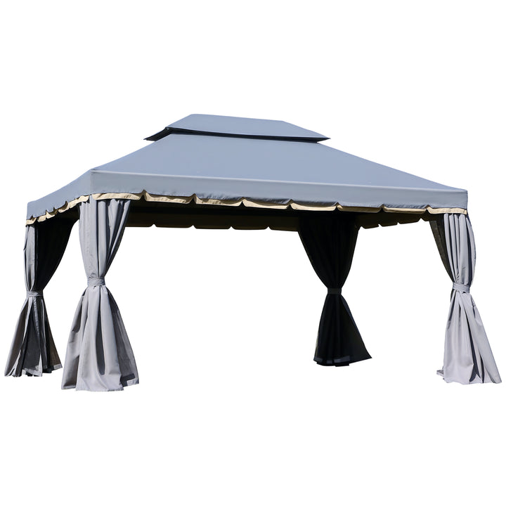Pavilhão de Jardim 4x3 m, Gazebo com Telhado Duplo, 4 Cortinas e Rede Mosquiteira, Estrutura de Alumínio, Orifícios de Drenagem, UPF50+, Tenda para Exterior, Terraço, Cinzento