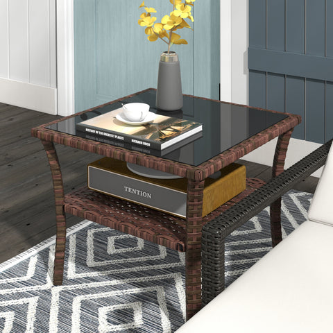Mesa de Vime Quadrada 50x50x45 cm Mesa de Jardim e Prateleira Tampo de Vidro e Estrutura de Aço Suporta 30 kg para Terraço Pátio Castanho