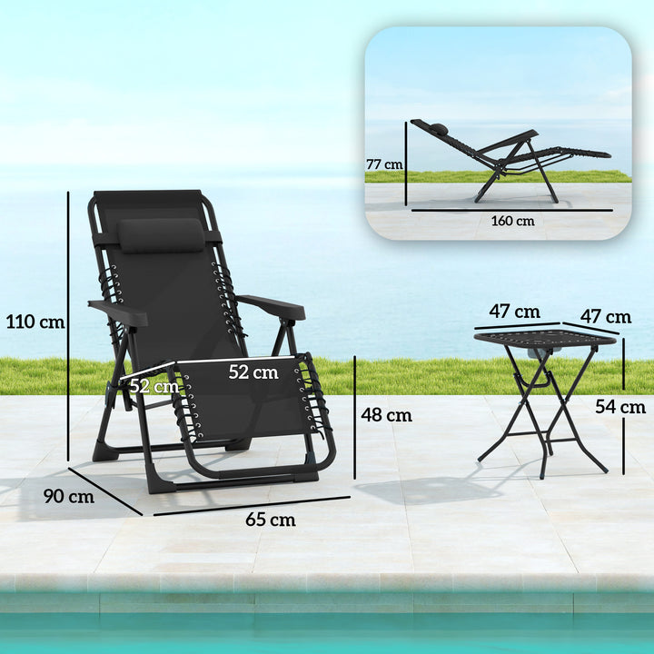 Conjunto de 2 Espreguiçadeiras Jardim Exterior Dobráveis com Mesa Auxiliar Suportes para Copos Espreguiçadeiras de Gravidade Zero com Encosto Ajustável Apoios de Braços Removíveis para Pátio Piscina Terraço Exterior Preto