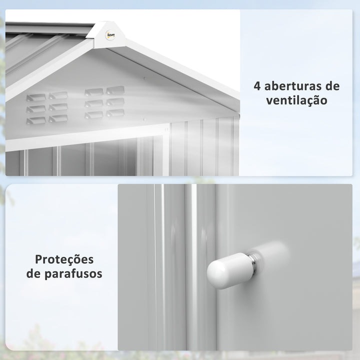 Abrigo de Jardim 2,42 m 213x130x185 cm Abrigo de Jardim Metálico de Exterior para Armazenamento de Ferramentas com 2 Portas Deslizantes e 4 Janelas para Terraço Cinza Claro