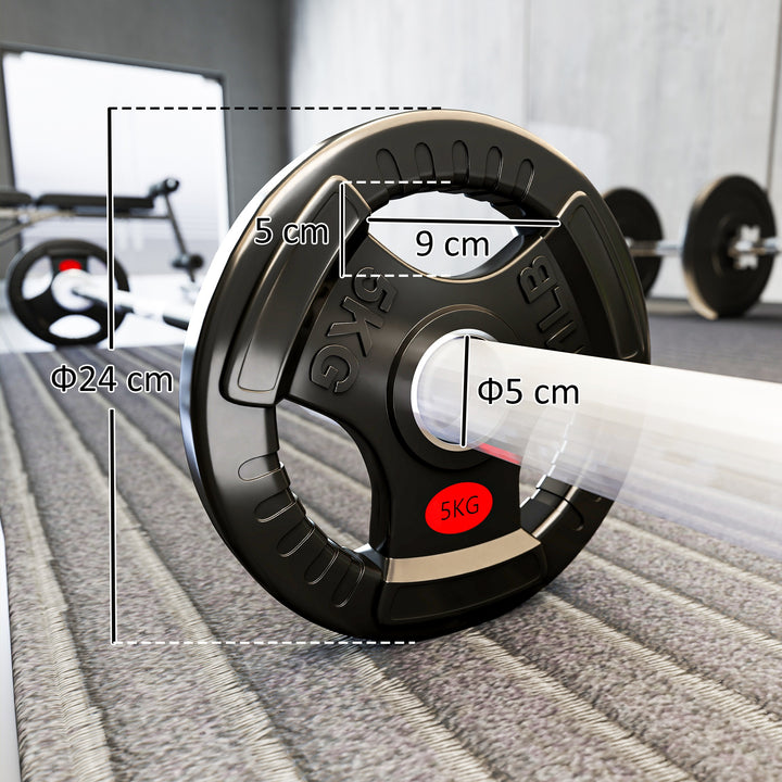 Discos de Pesos com Orifício de Ø50 mm 2 Discos de 5 kg com Anel Interior de Aço e Triplo Aperto para Halteres e Barras Treino Fitness em Casa Ginásio Ø24x4,5 cm Preto