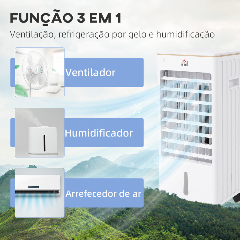 Climatizador Refrigerador de Ar Portátil 3 em 1 Humidificador Ventoinha com 3 Velocidades Controlo Remoto Temporizador 7,5h Ecrã LED Tanque de Água 3L Efeito 15-20 m² 22,5x24,5x53,5 cm Branco