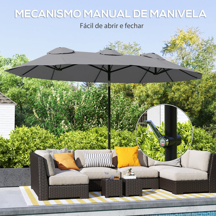 Chapéu de Sol Duplo 285x147x227cm Chapéu de Sol de Jardim com Inclinação de 45° Manivela Estrutura de Aço para Pátio Varanda Piscina Cinza