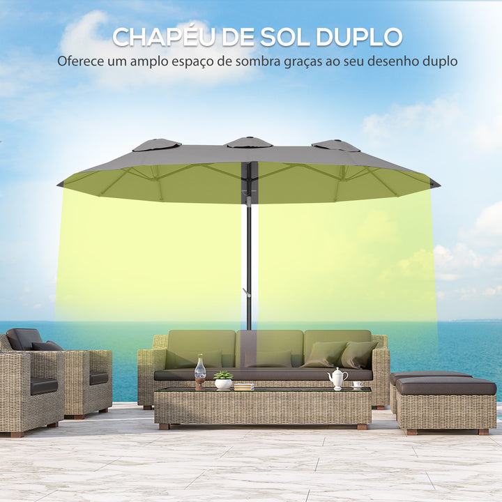 Chapéu de Sol Duplo 285x147x227cm Chapéu de Sol de Jardim com Inclinação de 45° Manivela Estrutura de Aço para Pátio Varanda Piscina Cinza