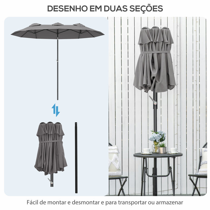 Chapéu de Sol Duplo 285x147x227cm Chapéu de Sol de Jardim com Inclinação de 45° Manivela Estrutura de Aço para Pátio Varanda Piscina Cinza