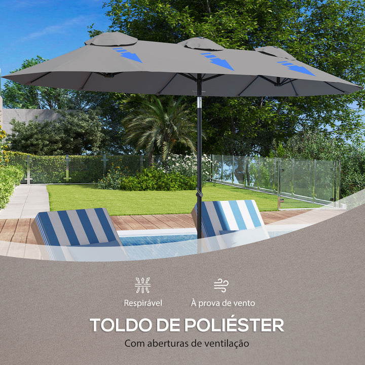 Chapéu de Sol Duplo 285x147x227cm Chapéu de Sol de Jardim com Inclinação de 45° Manivela Estrutura de Aço para Pátio Varanda Piscina Cinza