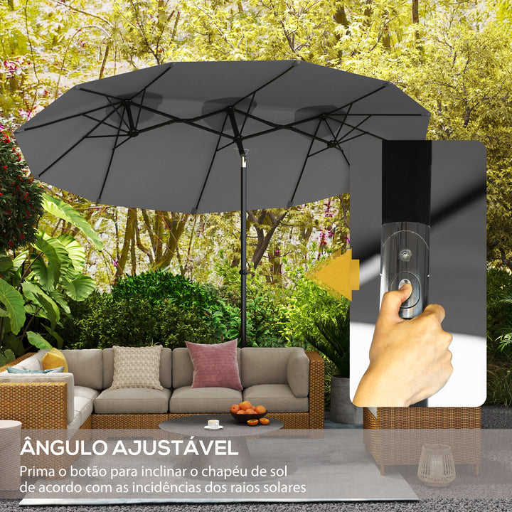 Chapéu de Sol Duplo 285x147x227cm Chapéu de Sol de Jardim com Inclinação de 45° Manivela Estrutura de Aço para Pátio Varanda Piscina Cinza