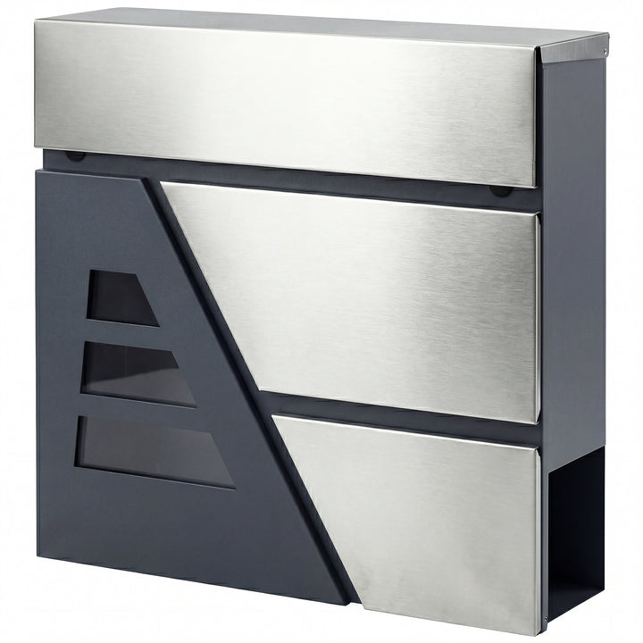 Caixa de Correio Exterior de Aço Inoxidável 13 L Caixa de Correio de Parede com Fechadura e 2 Chaves Fecho Silencioso Tampa Anti-Chuva Suporte para Jornais Moderna Fácil de Instalar Cinzento Escuro