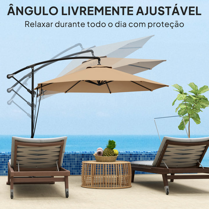 Chapéu de Sol Excêntrico Ø 290 cm Chapéu de Sol de Jardim com Base Cruzada Manivela Capa de Proteção e Corda de Vento Anti UV 50+ Chapéu de Sol para Varanda Cáqui