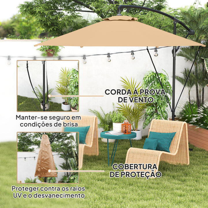 Chapéu de Sol Excêntrico Ø 290 cm Chapéu de Sol de Jardim com Base Cruzada Manivela Capa de Proteção e Corda de Vento Anti UV 50+ Chapéu de Sol para Varanda Cáqui