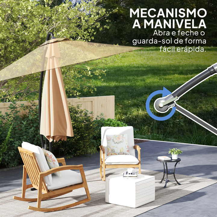 Chapéu de Sol Excêntrico Ø 290 cm Chapéu de Sol de Jardim com Base Cruzada Manivela Capa de Proteção e Corda de Vento Anti UV 50+ Chapéu de Sol para Varanda Cáqui