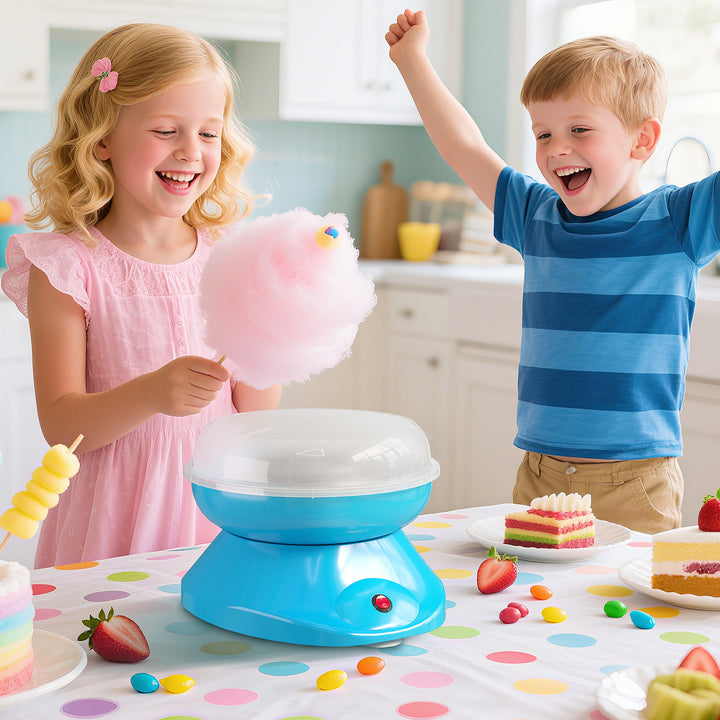 Máquina de Algodão Doce Potência 450W-550W Máquina de Algodão Doce com Colher Medidora e 10 Palitos de Bambu Aço Inoxidável e Alumínio 27x26x18 cm Azul