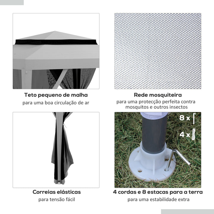 Pérgola de Jardim 297x297x268 cm Pérgola com 4 Redes Mosquiteiras Laterais com Fecho de Correr Teto de Ventilação e 8 Orifícios de Drenagem Pérgola para Terraço Pátio Exterior Cinza