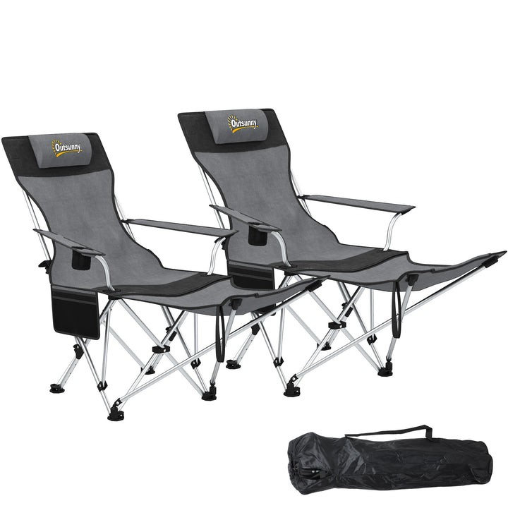 Conjunto de 2 Cadeiras Dobráveis Campismo Portáteis com Apoio para os Pés Desmontável Apoio para a Cabeça Porta-Copos e Bolsa Lateral Carga 120 kg para Jardim Praia Pesca 50-100x82x88 cm Cinza e Preto