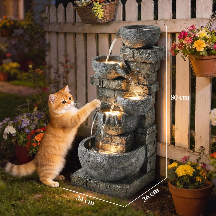 Fonte de Água Decorativa com Luzes LED e Bomba Fonte de Jardim Exterior em Cascata de 5 Níveis Resistente às Intempéries para Jardim Pátio Terraço 34x36x80 cm Multicolor