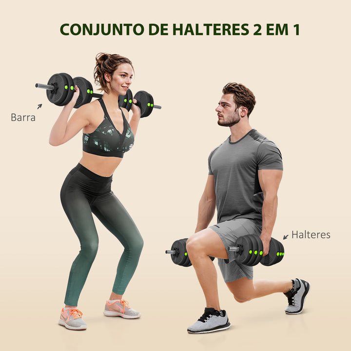 Kit de Halteres 30 kg 2 em 1 Jogo de Pesos com Barra de Pesos Pega Antiderrapante para Treino de Força em Casa Ginásio Escritório Preto e Verde