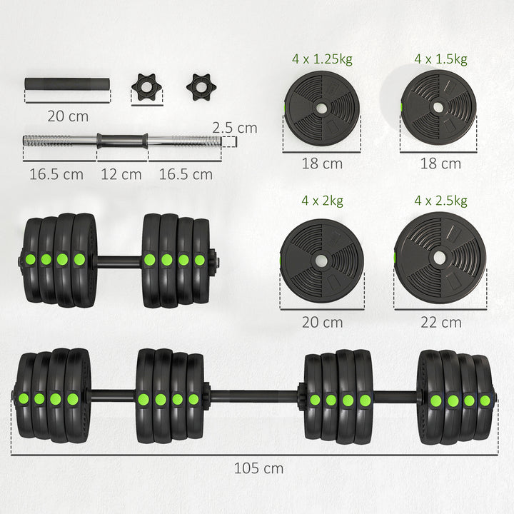 Kit de Halteres 30 kg 2 em 1 Jogo de Pesos com Barra de Pesos Pega Antiderrapante para Treino de Força em Casa Ginásio Escritório Preto e Verde