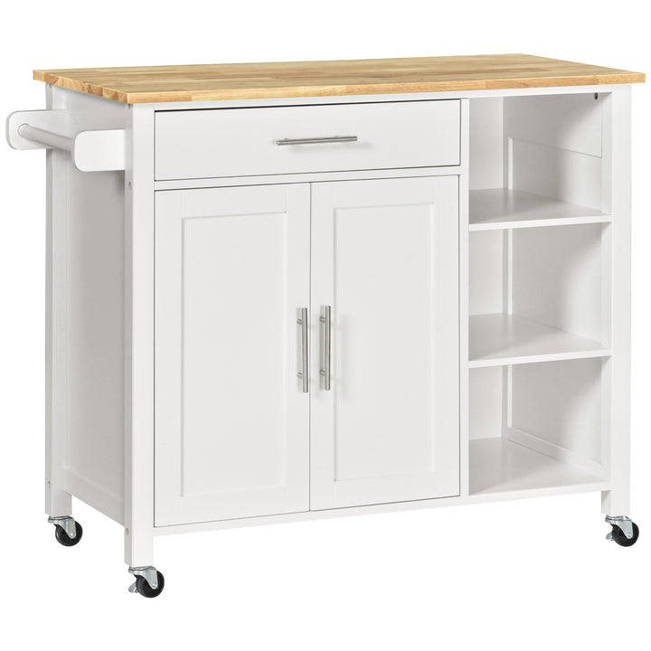 Carrinho de Cozinha com Rodas Móvel Auxiliar de Cozinha com 1 Gaveta 2 Portas 3 Prateleiras Abertas e Barra Lateral para Sala de Jantar 107,5x48x89cm Branco