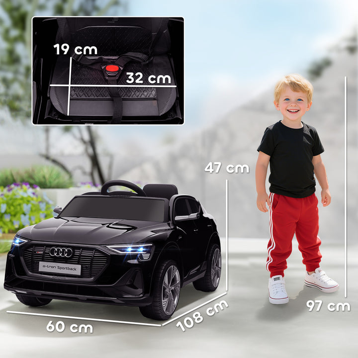 Carro Elétrico Audi E-Tron 12V para Crianças acima de 3 Anos com Controle Remoto Faróis Buzina Música MP3 TF USB e Abertura da Porta 3-8km/h 108x60x47 cm Preto