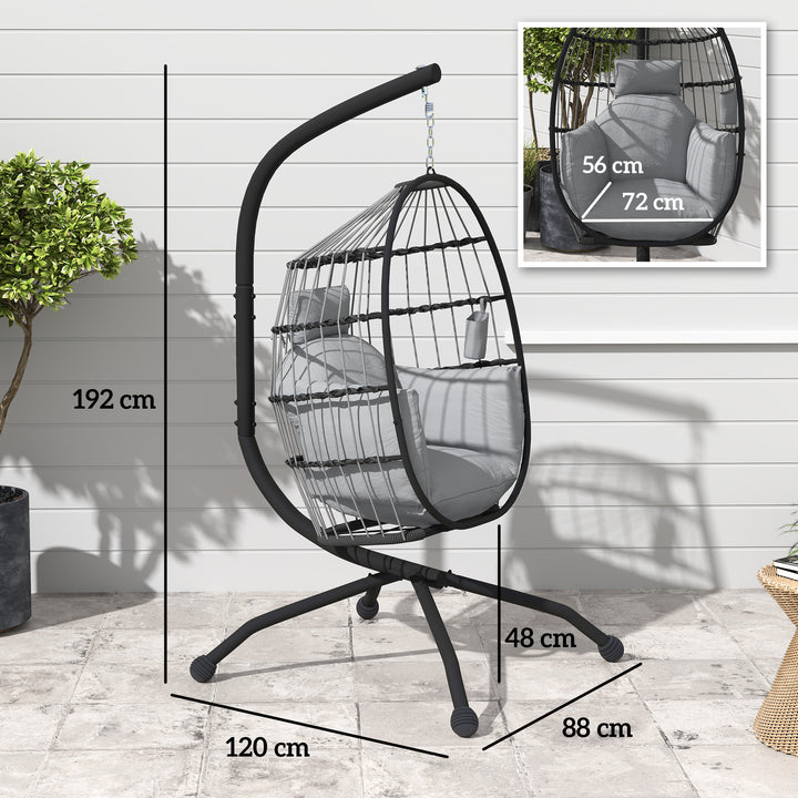 Cadeira Suspensa com Suporte Cadeira Baloiço de Jardim com Cesto Dobrável Almofada e Apoio para a Cabeça Cadeirão Suspenso para Interior e Exterior Carga 120 kg 120x88x192 cm Cinzento