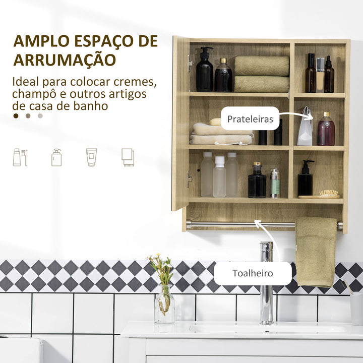 Armário de Casa de Banho com Espelho Armário de Parede com 1 Porta Prateleira Ajustável Toalheiro e Compartimento Móvel de Casa de Banho Suspenso 60x15x70 cm Carvalho