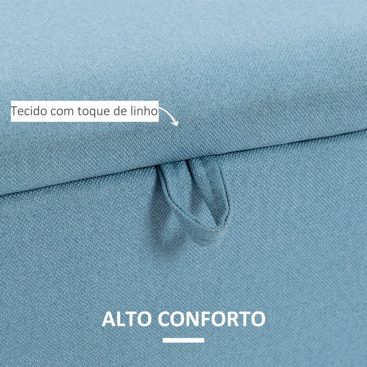 Banco de Armazenamento Estofado em Linho com Tampa Abatível e Pés de Aço para Dormitório Sala de Estar Entrada Carga Máxima 150kg 101x38,5x44,5 cm Azul Claro