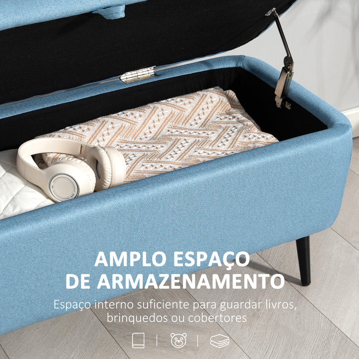 Banco de Armazenamento Estofado em Linho com Tampa Abatível e Pés de Aço para Dormitório Sala de Estar Entrada Carga Máxima 150kg 101x38,5x44,5 cm Azul Claro