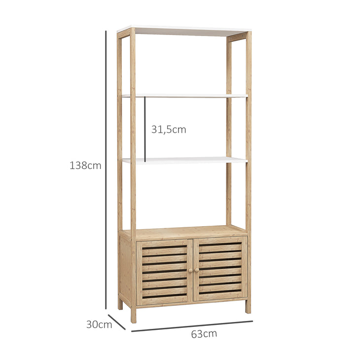 Estante para Casa de Banho de Bambu com 3 Prateleiras Abertas Estante de Arrumação Casa de Banho com Portas Ripadas 63x30x138 cm Madeira e Branco
