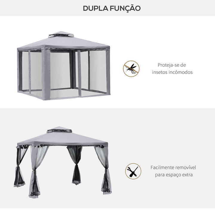 Pérgola de Jardim 294x294x265cm Pérgola de Exterior com Duplo Teto de Ventilação 8 Orifícios de Drenagem e 4 Telas Mosquiteiras com Fecho de Correr para Festas Pátio Cinza