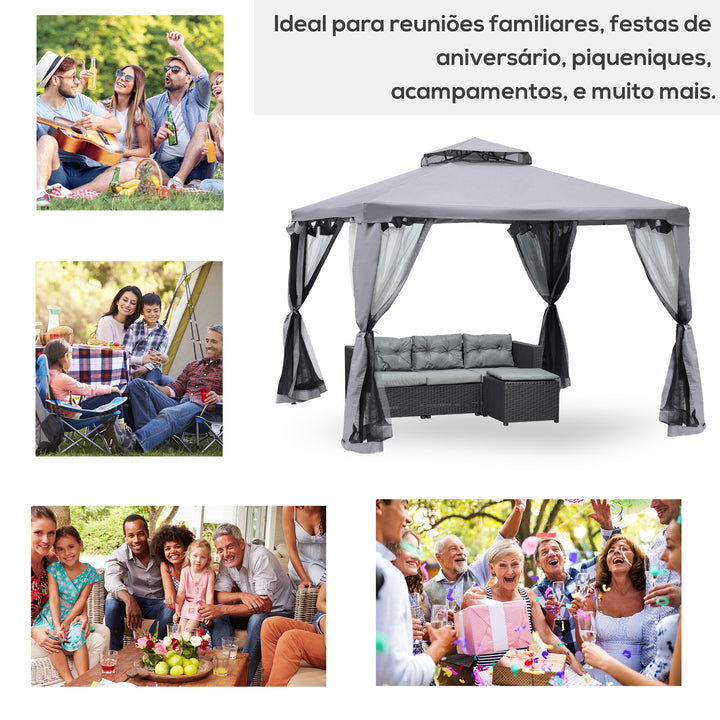 Pérgola de Jardim 294x294x265cm Pérgola de Exterior com Duplo Teto de Ventilação 8 Orifícios de Drenagem e 4 Telas Mosquiteiras com Fecho de Correr para Festas Pátio Cinza