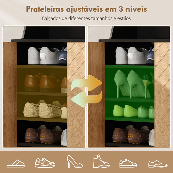 Sapateira de 2 Portas Sapateira para Entrada com Prateleiras Ajustáveis Compartimento Aberto e Pés em Madeira para 15 Pares de Sapatos 75x35x104 cm Preto e Madeira