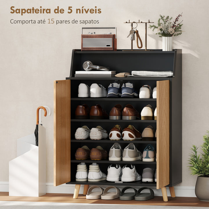 Sapateira de 2 Portas Sapateira para Entrada com Prateleiras Ajustáveis Compartimento Aberto e Pés em Madeira para 15 Pares de Sapatos 75x35x104 cm Preto e Madeira