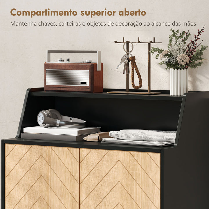 Sapateira de 2 Portas Sapateira para Entrada com Prateleiras Ajustáveis Compartimento Aberto e Pés em Madeira para 15 Pares de Sapatos 75x35x104 cm Preto e Madeira
