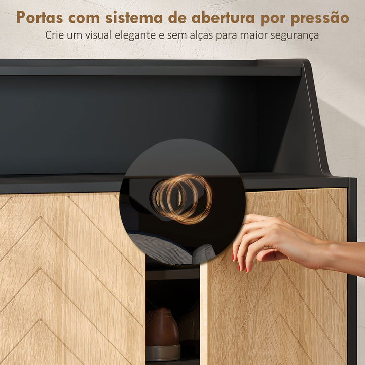 Sapateira de 2 Portas Sapateira para Entrada com Prateleiras Ajustáveis Compartimento Aberto e Pés em Madeira para 15 Pares de Sapatos 75x35x104 cm Preto e Madeira