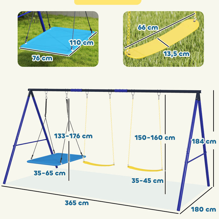 Conjunto de Baloiços para Crianças acima de 3 Anos Baloiços de Jardim com 2 Baloiços Simples e 1 Baloiço Plataforma Carga 120 kg para Varanda Pátio 365x180x184 cm Multicor