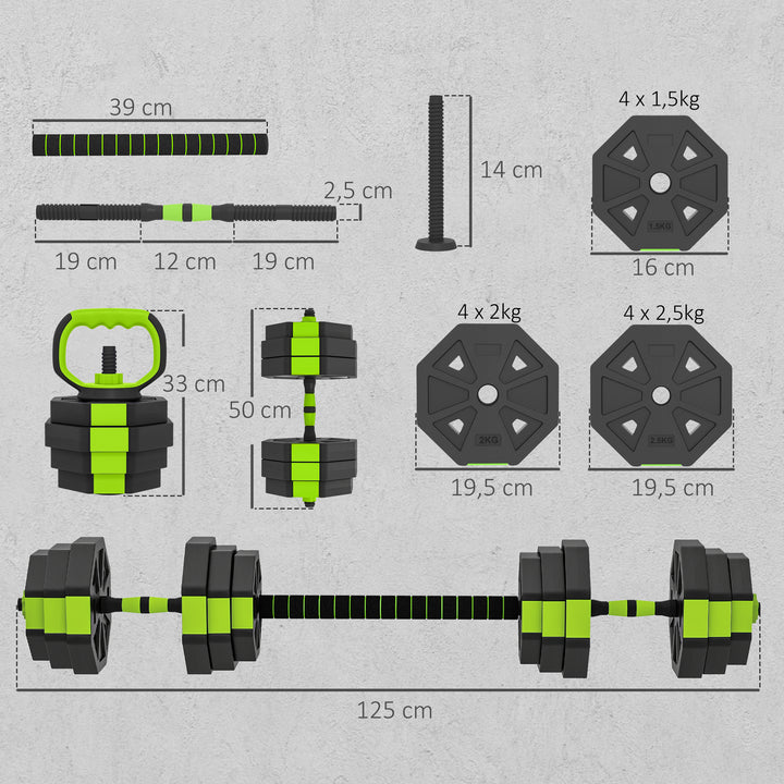 Conjunto de Halteres Ajustáveis 4 em 1 25 kg Conjunto de Pesos Utilizado como Kettlebell Barra Halteres ou Suporte para Flexões Equipamento de Fitness para Homens e Mulheres Ginásio em Casa
